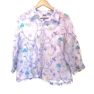 Vtg JM Collection 100% Silk Sheer Embroidered Blouse Sz L Purple Floral Boho